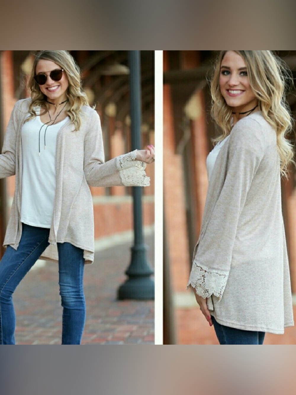 Ecru Oatmeal Open Front Lightweight Cardigan Lace Cuffs Med
